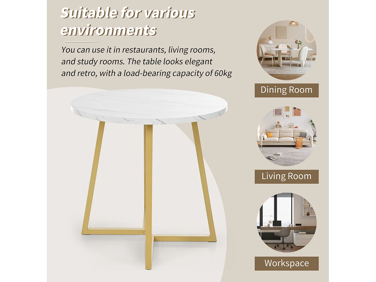 Table Ronde Moderne avec Pieds Métalliques Dorés, Plateau MDF Blanc et Motif Marbré (80 cm) (80x80x75 cm)