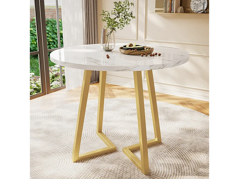 Moderne ronde tafel met gouden metalen poten, wit MDF-blad en marmerpatroon (80 cm) (80x80x75 cm)