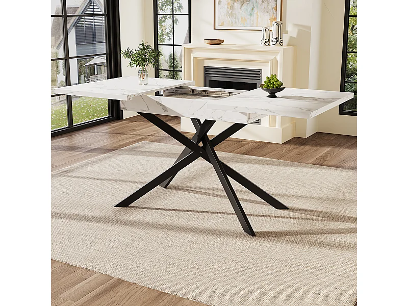 Table de Salle à Manger Téléscopique (120-160 cm), Table Extensible avec Plateau MDF Marbré Noir, Pieds Croisés en Métal, Pour Cuisine et Salon
