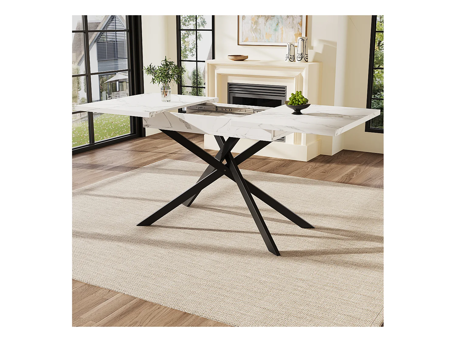 Tavolo da pranzo telescopico (120-160 cm), tavolo allungabile con piano in MDF marmorizzato nero, gambe in metallo incrociate, per cucina e soggiorno