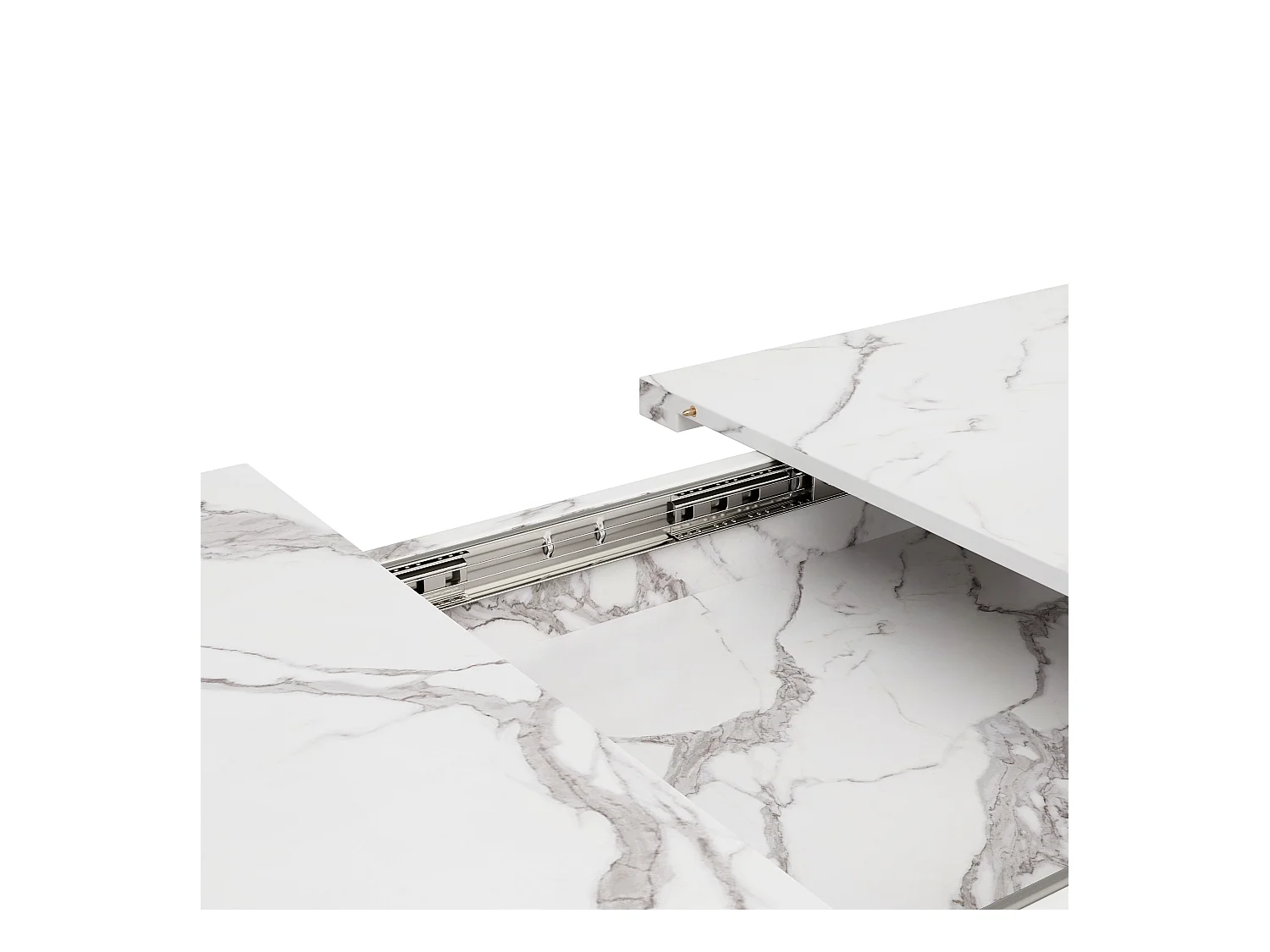 Tavolo da pranzo telescopico (120-160 cm), tavolo allungabile con piano in MDF marmorizzato nero, gambe in metallo incrociate, per cucina e soggiorno