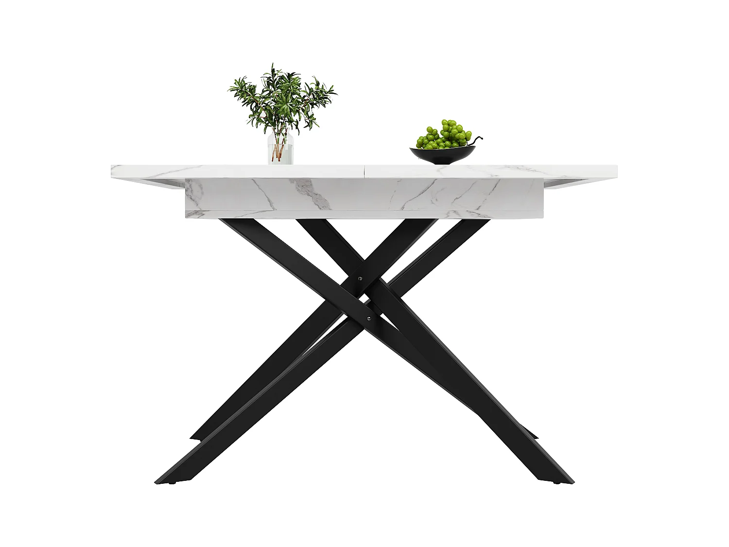 Tavolo da pranzo telescopico (120-160 cm), tavolo allungabile con piano in MDF marmorizzato nero, gambe in metallo incrociate, per cucina e soggiorno
