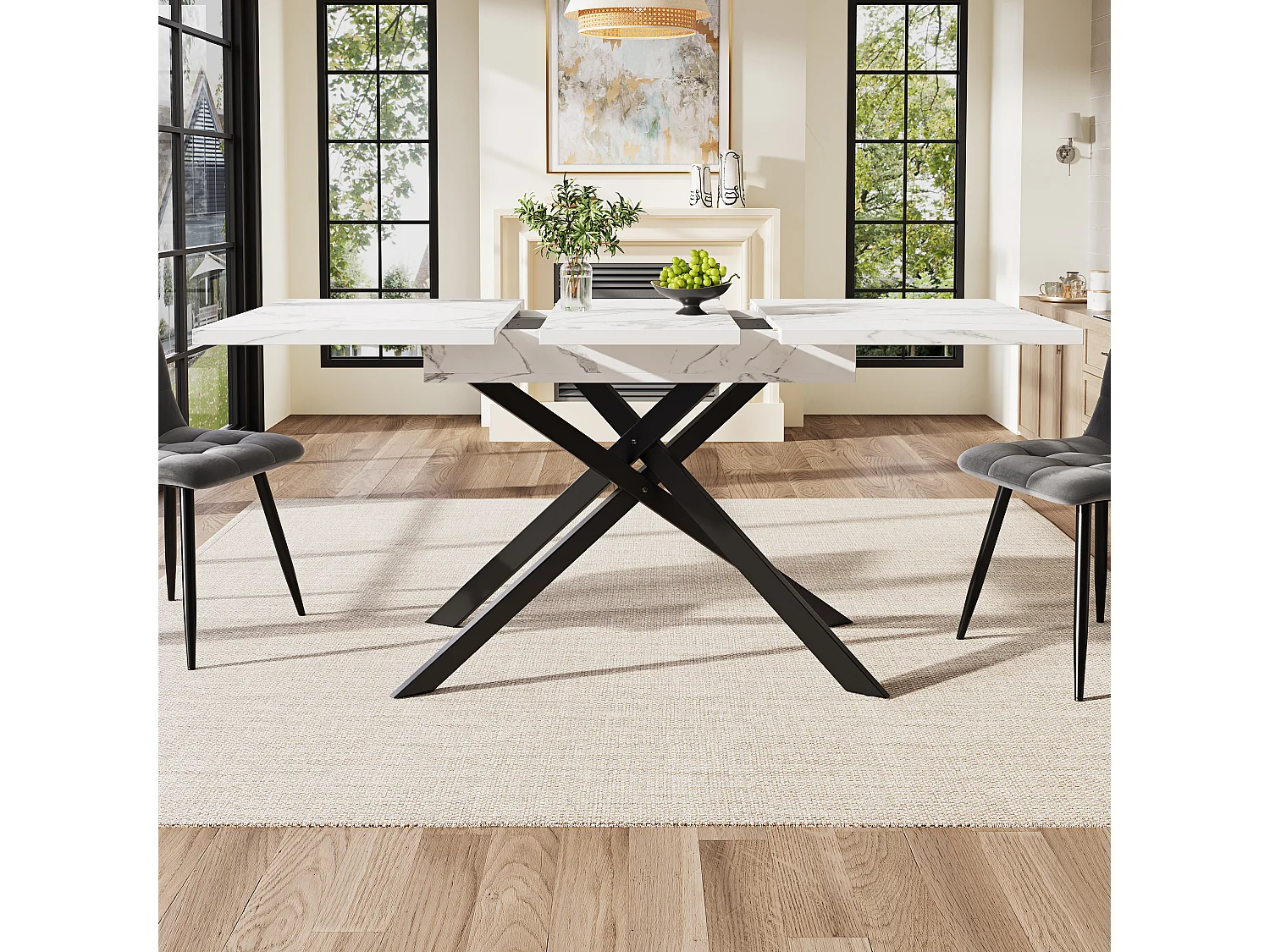 Table de Salle à Manger Téléscopique (120-160 cm), Table Extensible avec Plateau MDF Marbré Noir, Pieds Croisés en Métal, Pour Cuisine et Salon