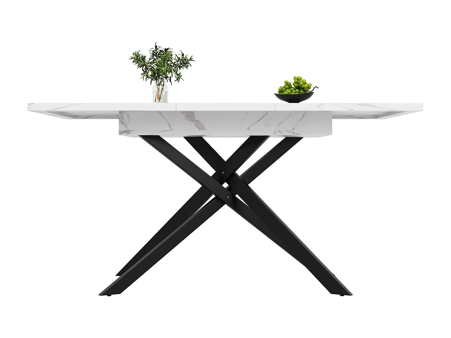 Table de Salle à Manger Téléscopique (120-160 cm), Table Extensible avec Plateau MDF Marbré Noir, Pieds Croisés en Métal, Pour Cuisine et Salon