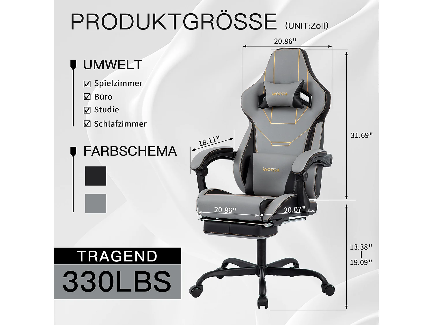 Ergonomische Gaming Stoel, Bureaustoel met Voetensteun, Verstelbare Rugleuning, Lendensteun, Grijs en Beige (52x57x130 cm)