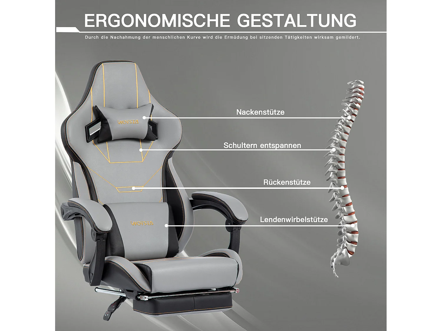 Ergonomische Gaming Stoel, Bureaustoel met Voetensteun, Verstelbare Rugleuning, Lendensteun, Grijs en Beige (52x57x130 cm)