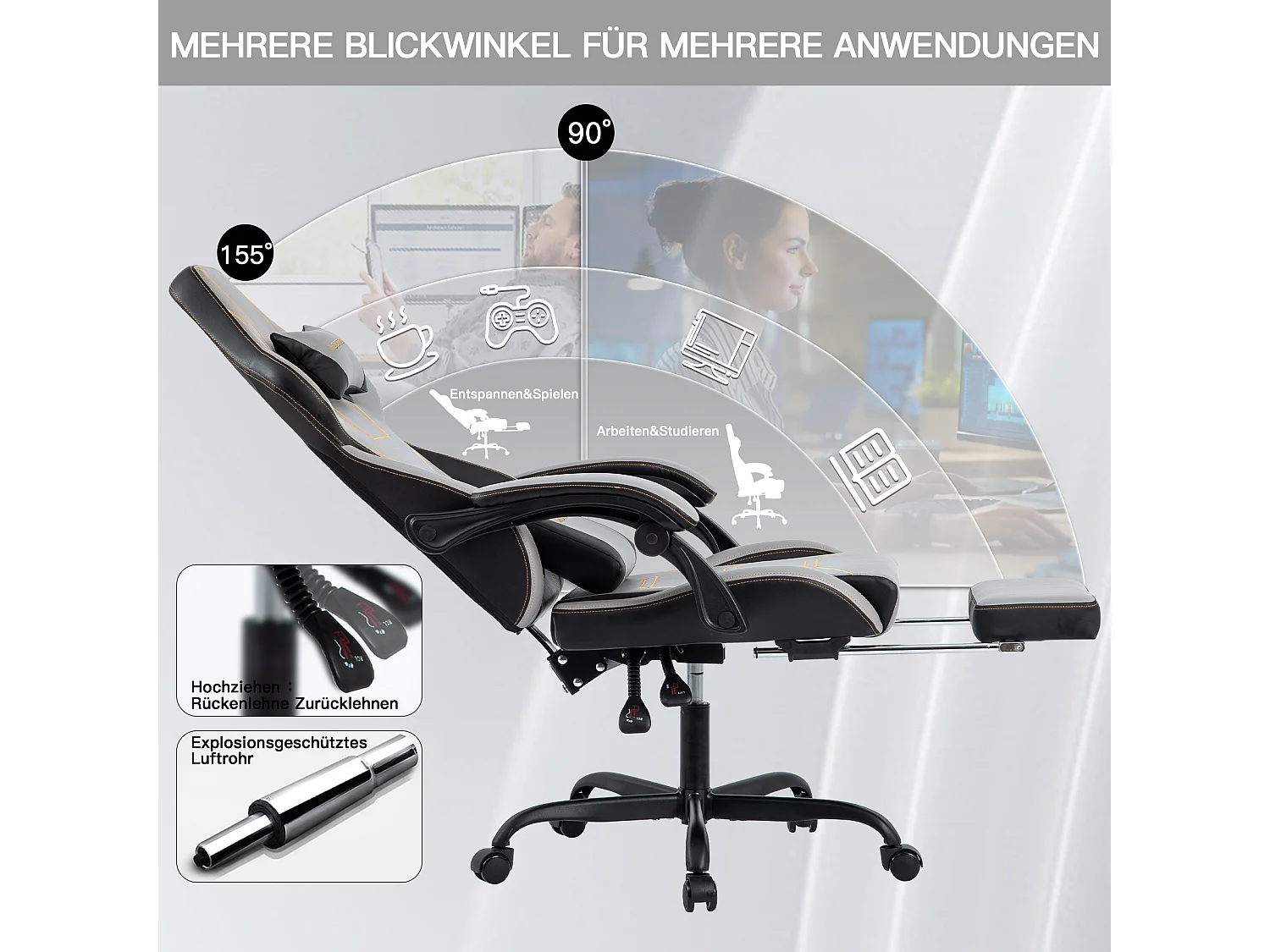 Ergonomische Gaming Stoel, Bureaustoel met Voetensteun, Verstelbare Rugleuning, Lendensteun, Grijs en Beige (52x57x130 cm)
