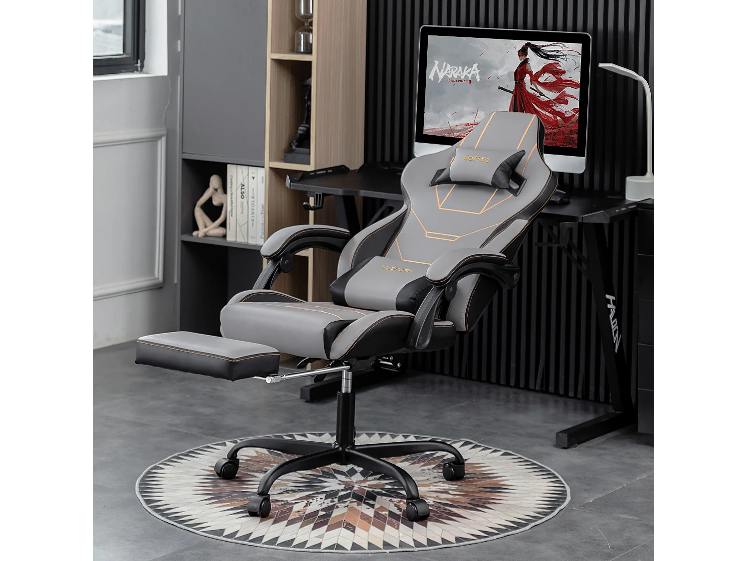 Ergonomische Gaming Stoel, Bureaustoel met Voetensteun, Verstelbare Rugleuning, Lendensteun, Grijs en Beige (52x57x130 cm)