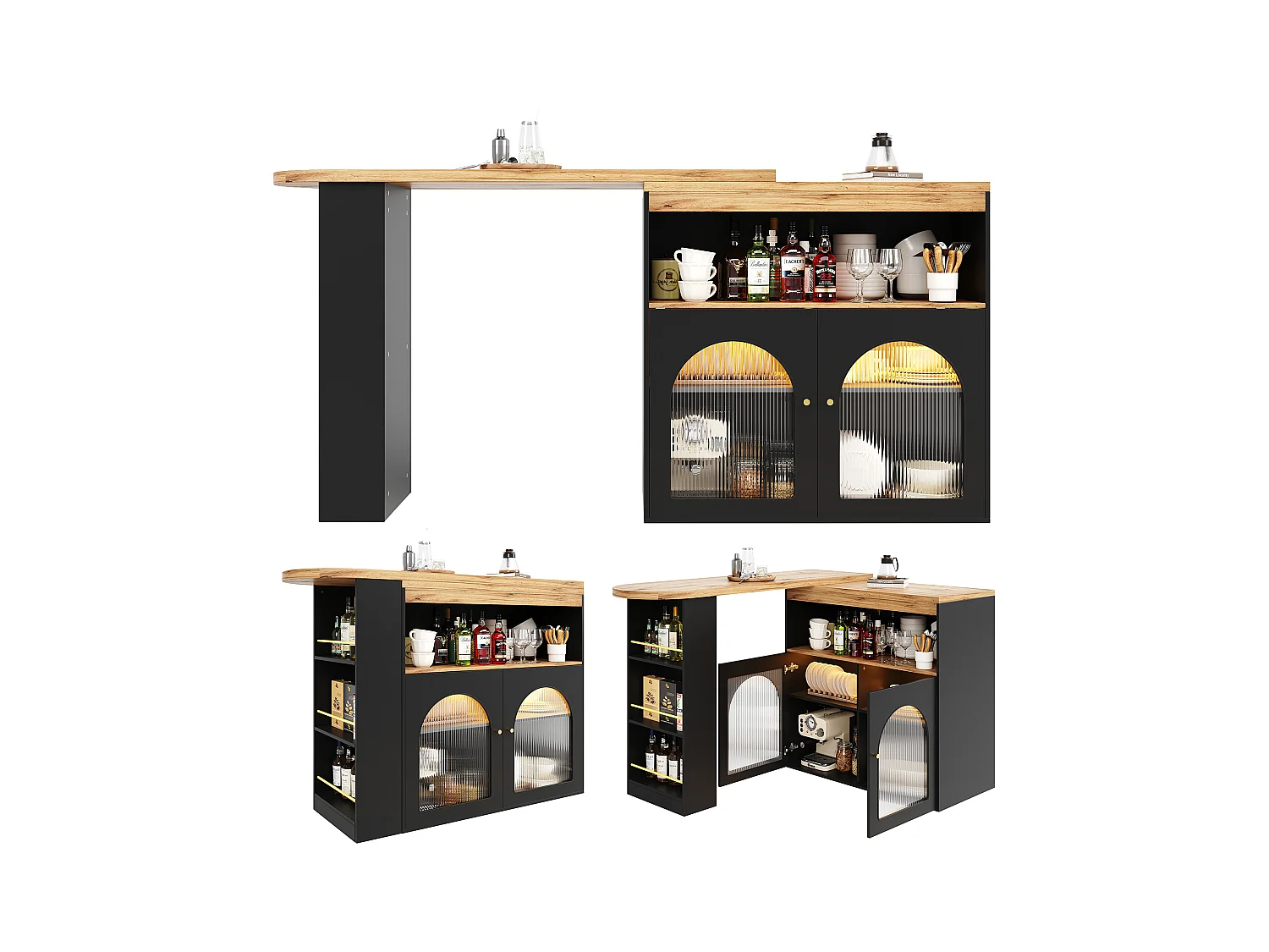 Table Bar Extensible Moderne avec Rangement, 138-193x39x105 cm, avec Lumière LED (Couleur réglable), Noir
