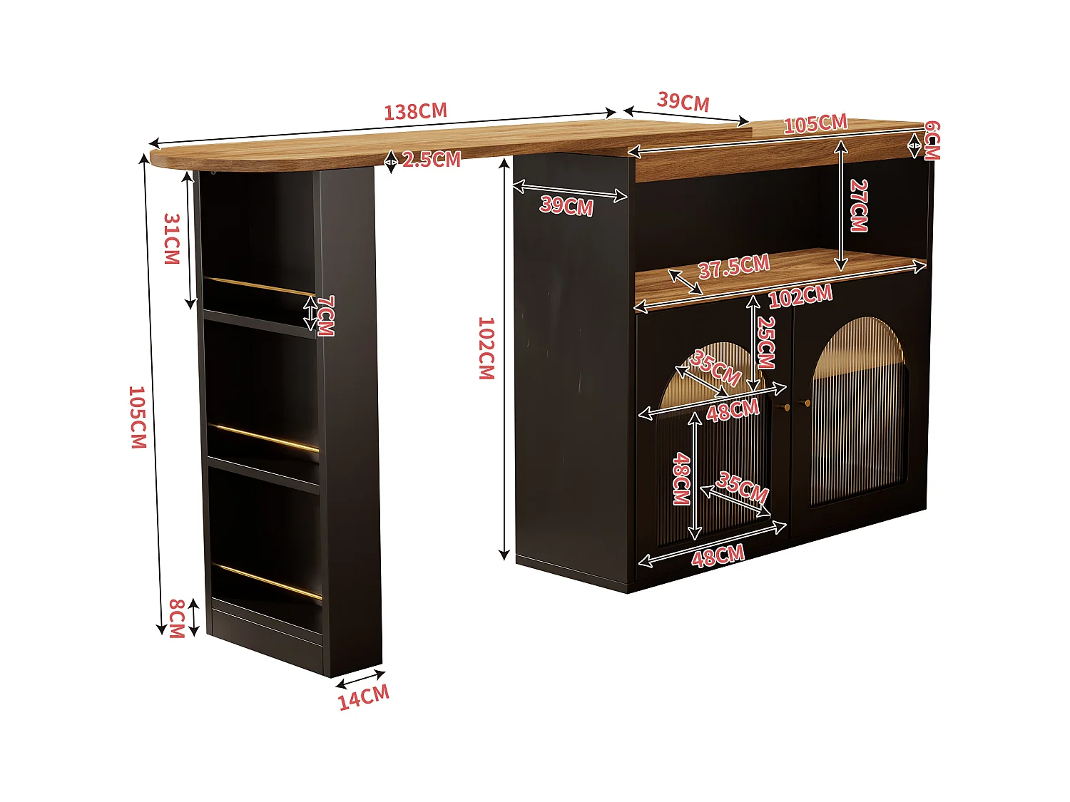 Table Bar Extensible Moderne avec Rangement, 138-193x39x105 cm, avec Lumière LED (Couleur réglable), Noir