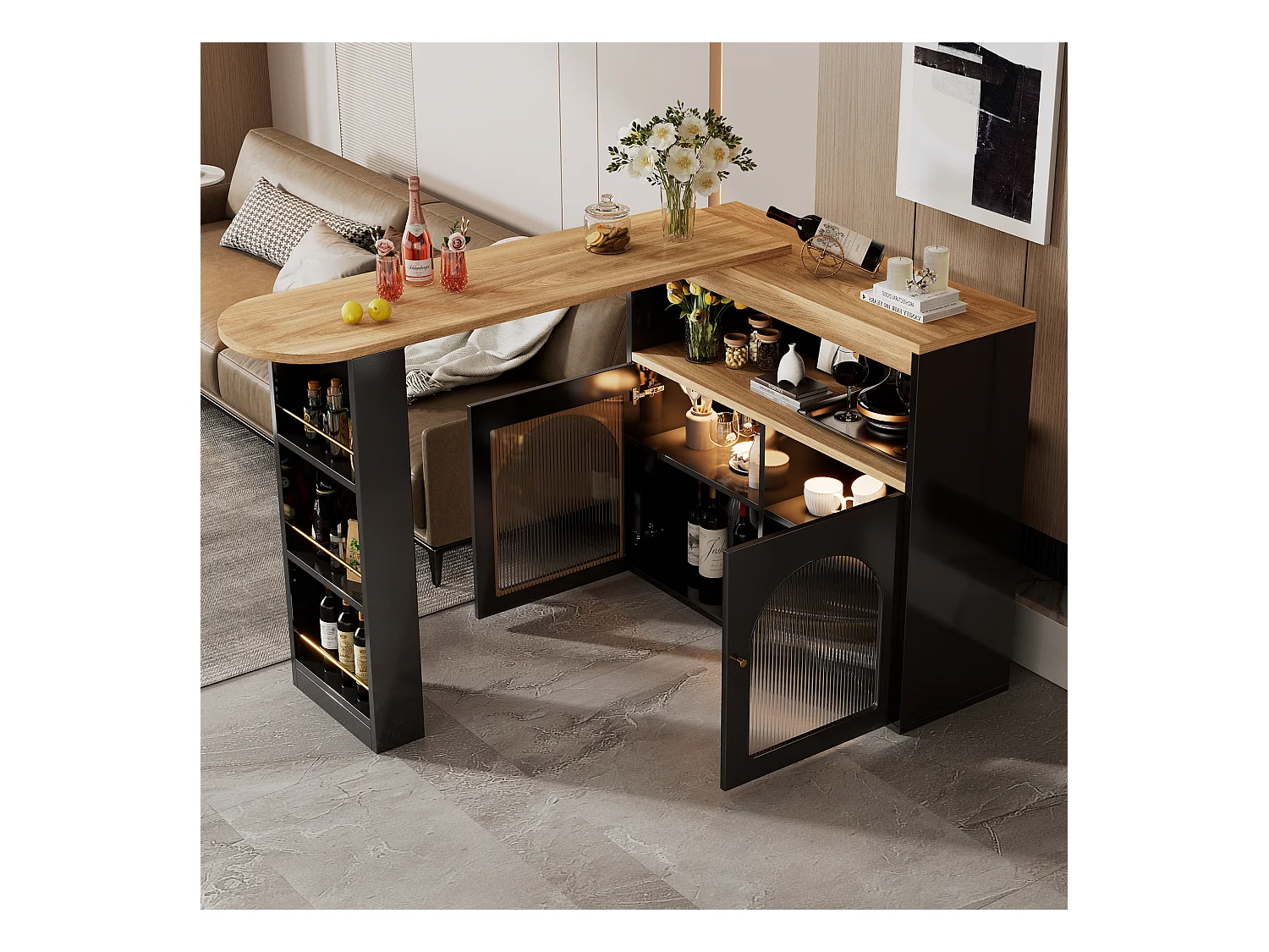 Table Bar Extensible Moderne avec Rangement, 138-193x39x105 cm, avec Lumière LED (Couleur réglable), Noir