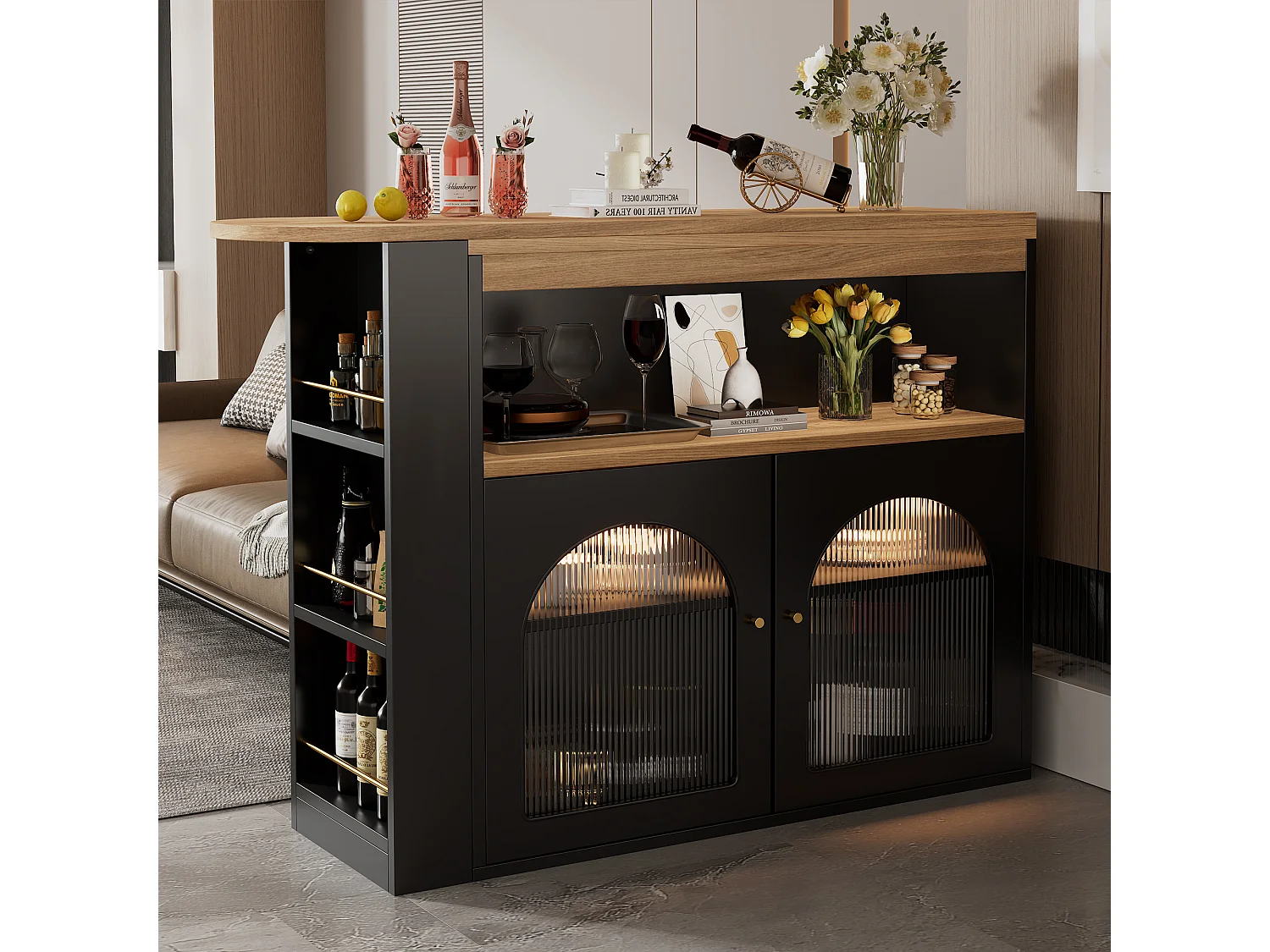 Table Bar Extensible Moderne avec Rangement, 138-193x39x105 cm, avec Lumière LED (Couleur réglable), Noir