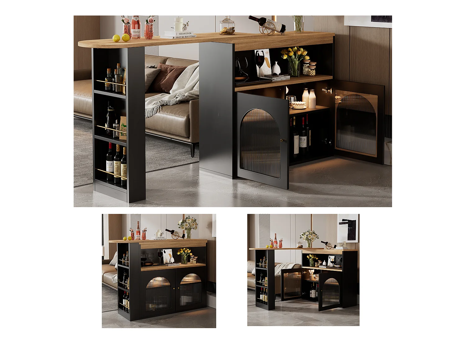 Table Bar Extensible Moderne avec Rangement, 138-193x39x105 cm, avec Lumière LED (Couleur réglable), Noir