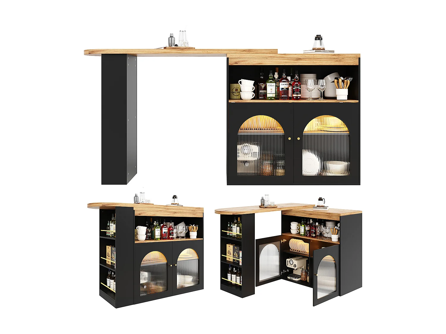 Mesa de bar extensible moderna con espacio de almacenamiento, 138-193 x 39 x 105 cm, con luz LED (color ajustable), color negro