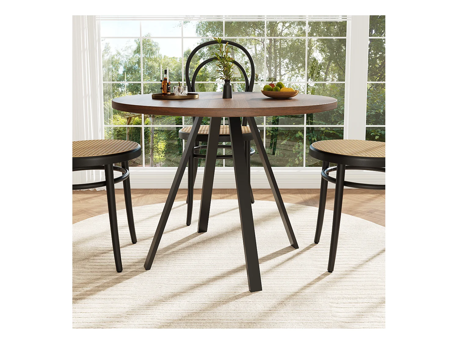 Table ronde MDF, pieds métalliques croisés, extensible, finition noyer et noire, pour cuisine et salle à manger (120-160x80x75 cm)