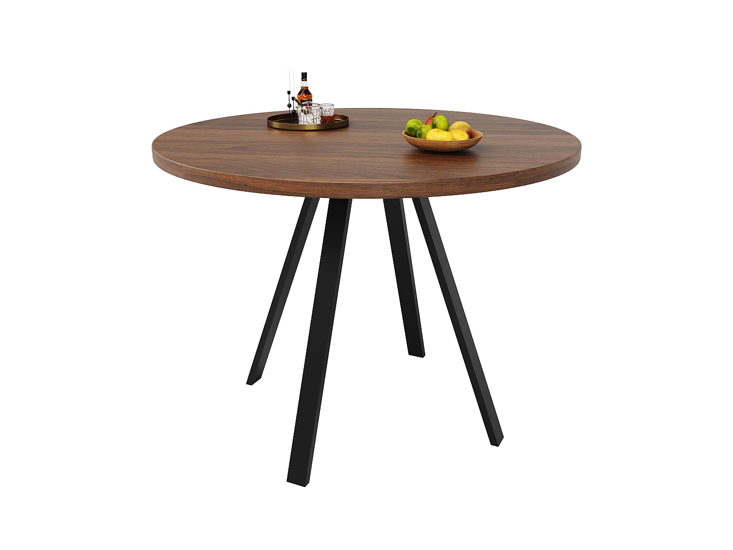 Table ronde MDF, pieds métalliques croisés, extensible, finition noyer et noire, pour cuisine et salle à manger (120-160x80x75 cm)