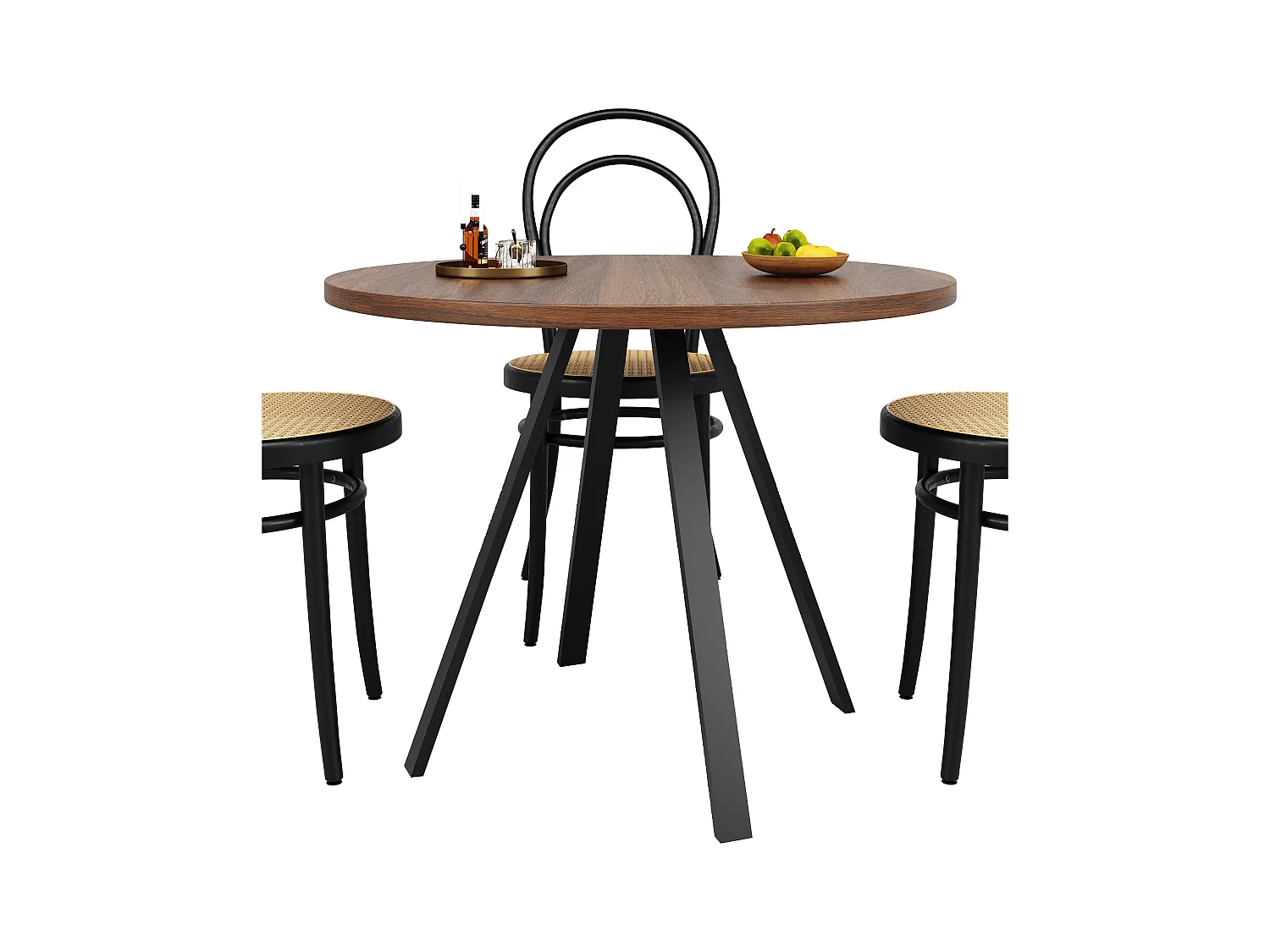Table ronde MDF, pieds métalliques croisés, extensible, finition noyer et noire, pour cuisine et salle à manger (120-160x80x75 cm)