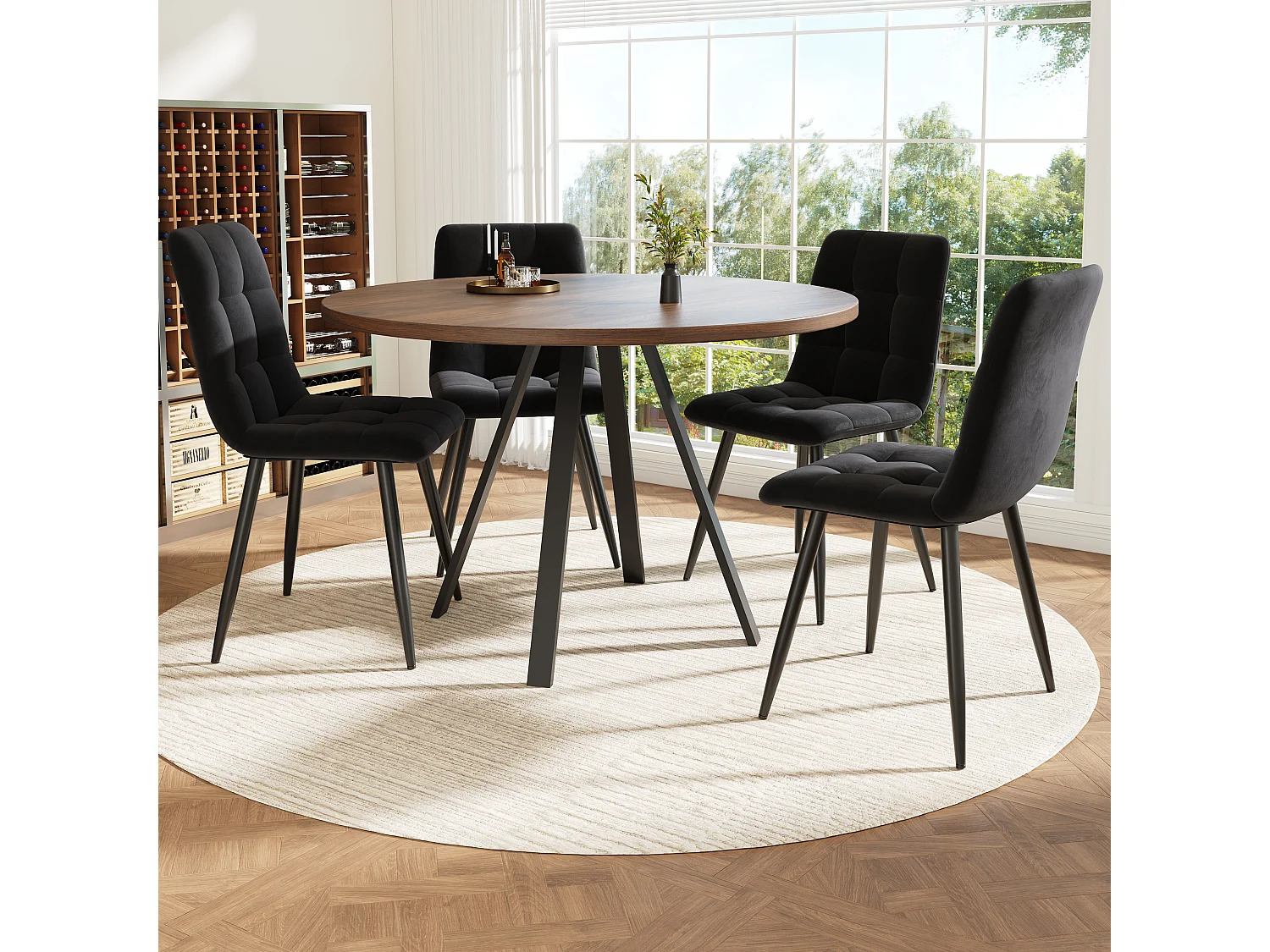 Table ronde MDF, pieds métalliques croisés, extensible, finition noyer et noire, pour cuisine et salle à manger (120-160x80x75 cm)