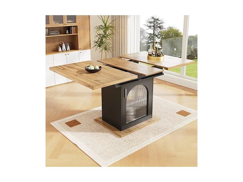 Table à manger extensible (140×80 cm), Table de cuisine compacte, MDF, Noir et Naturel, avec 3 étagères de rangement (140×80×76 cm)