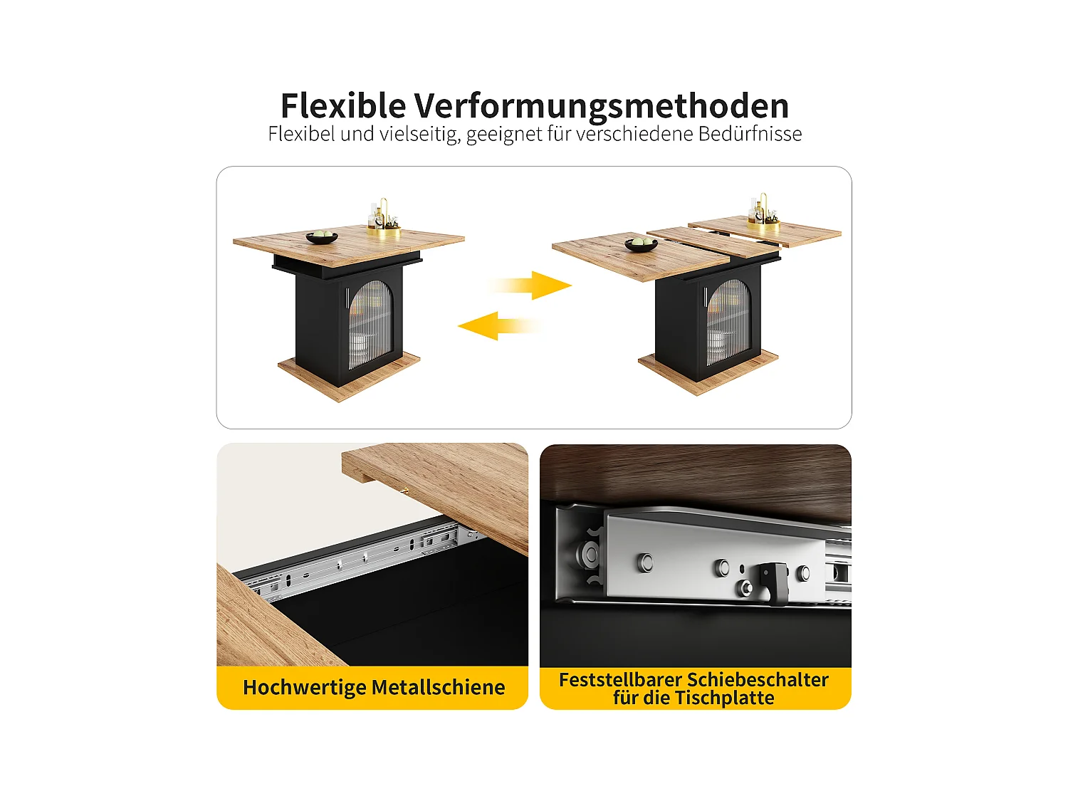 Table à manger extensible (140×80 cm), Table de cuisine compacte, MDF, Noir et Naturel, avec 3 étagères de rangement (140×80×76 cm)