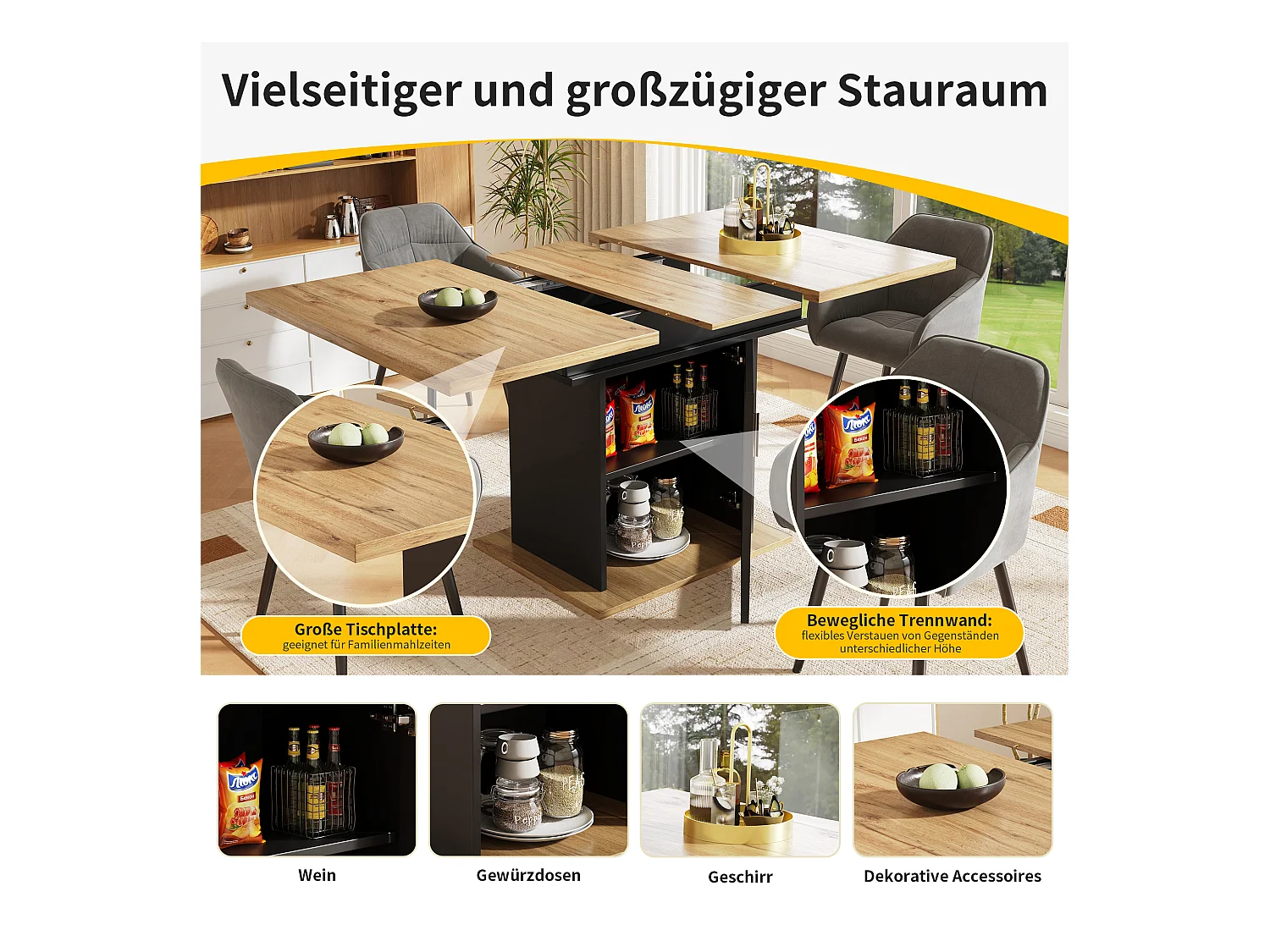 Table à manger extensible (140×80 cm), Table de cuisine compacte, MDF, Noir et Naturel, avec 3 étagères de rangement (140×80×76 cm)