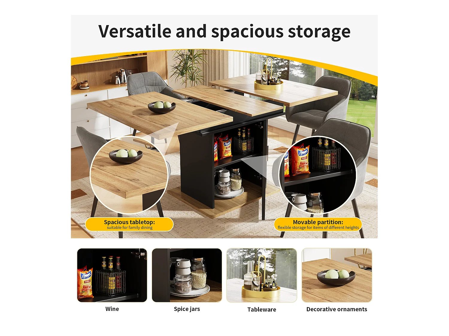 Table à manger extensible (140×80 cm), Table de cuisine compacte, MDF, Noir et Naturel, avec 3 étagères de rangement (140×80×76 cm)