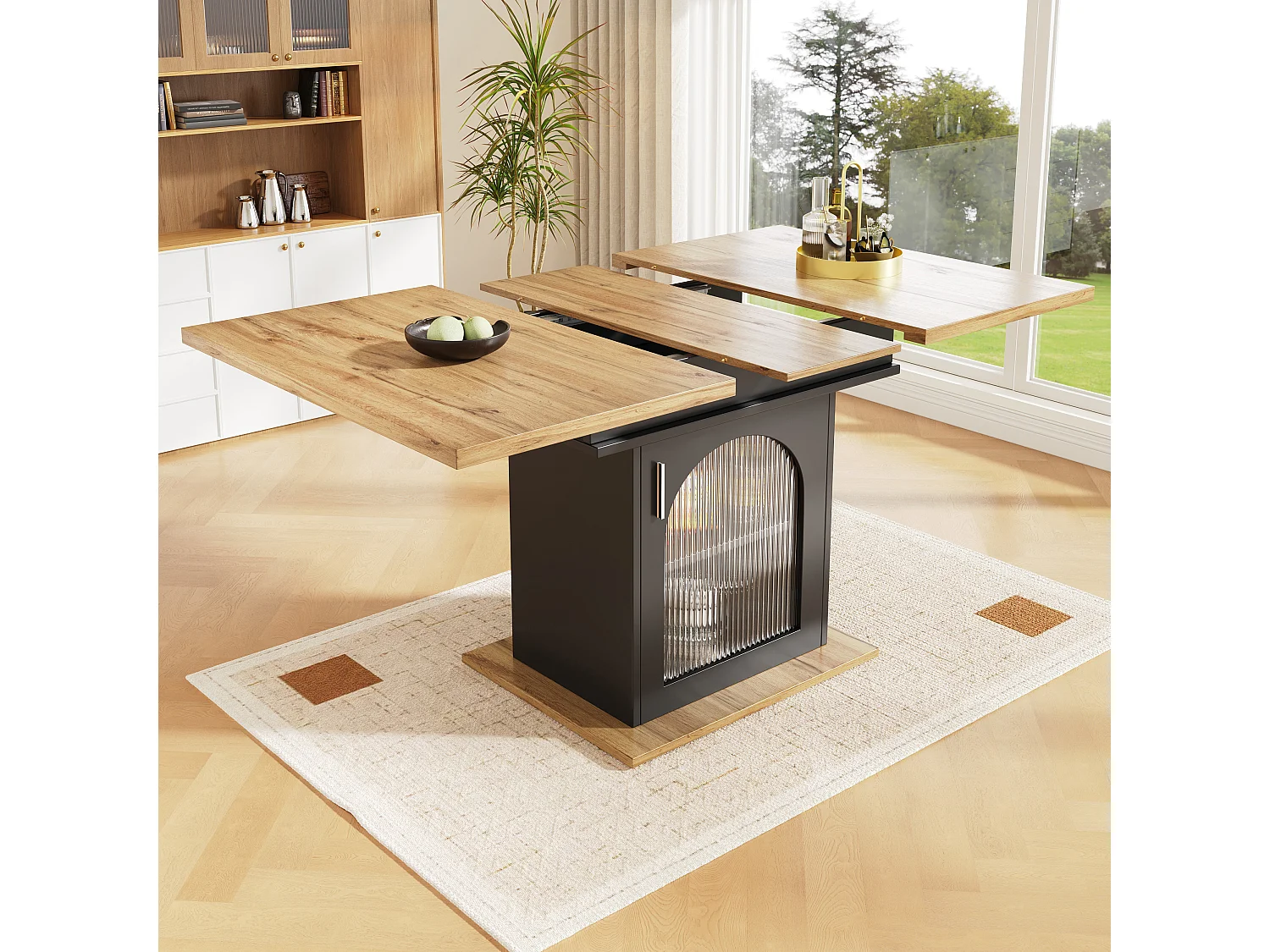 Table à manger extensible (140×80 cm), Table de cuisine compacte, MDF, Noir et Naturel, avec 3 étagères de rangement (140×80×76 cm)