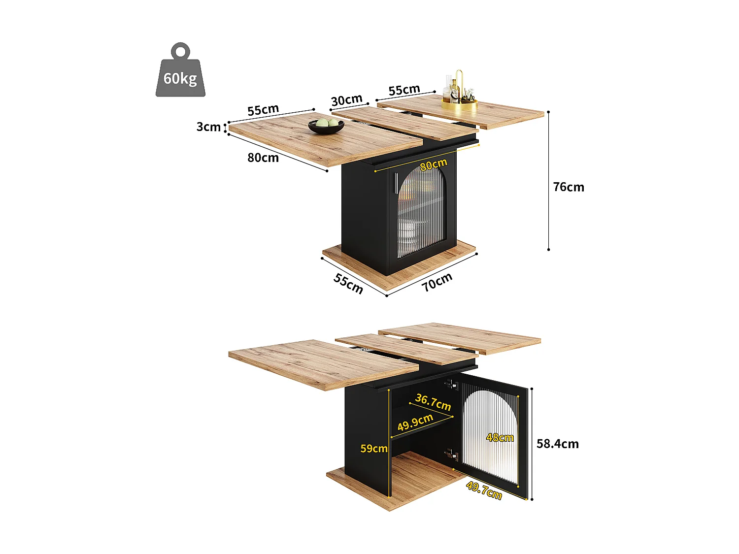 Table à manger extensible (140×80 cm), Table de cuisine compacte, MDF, Noir et Naturel, avec 3 étagères de rangement (140×80×76 cm)