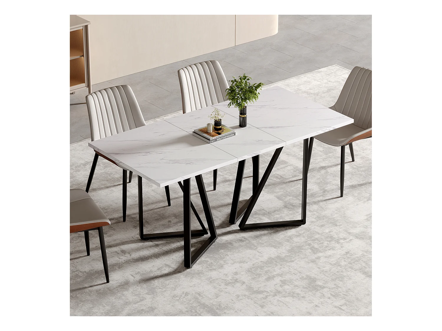 Table à manger avec motif marbre, extensible, pieds métalliques avec repose-pieds réglables, idéale pour salle à manger et cuisine (160x73x74 cm)