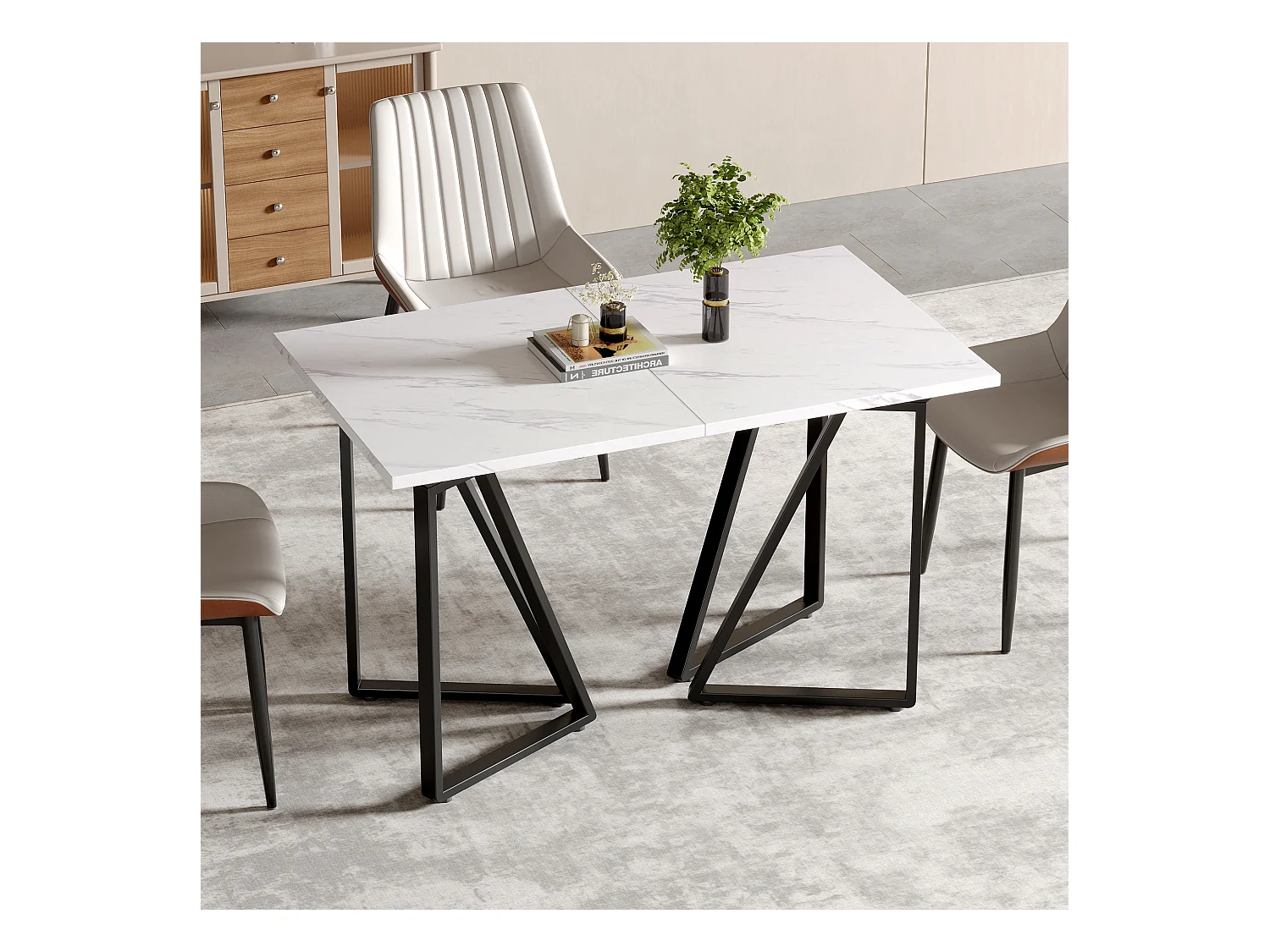 Table à manger avec motif marbre, extensible, pieds métalliques avec repose-pieds réglables, idéale pour salle à manger et cuisine (160x73x74 cm)