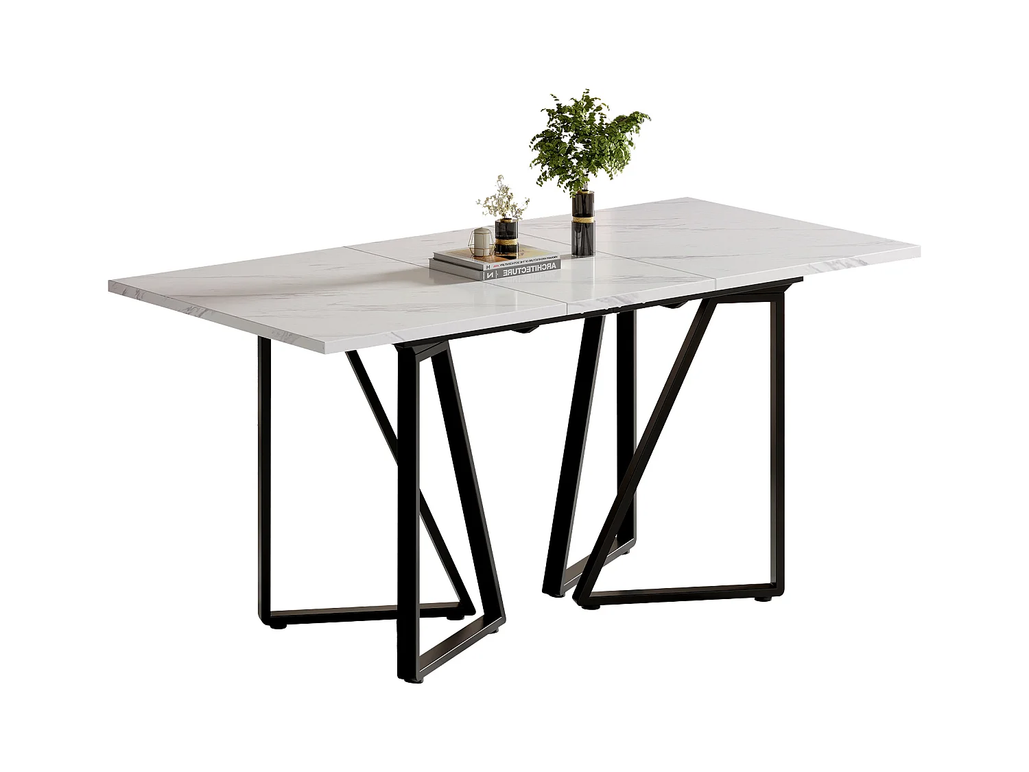 Table à manger avec motif marbre, extensible, pieds métalliques avec repose-pieds réglables, idéale pour salle à manger et cuisine (160x73x74 cm)