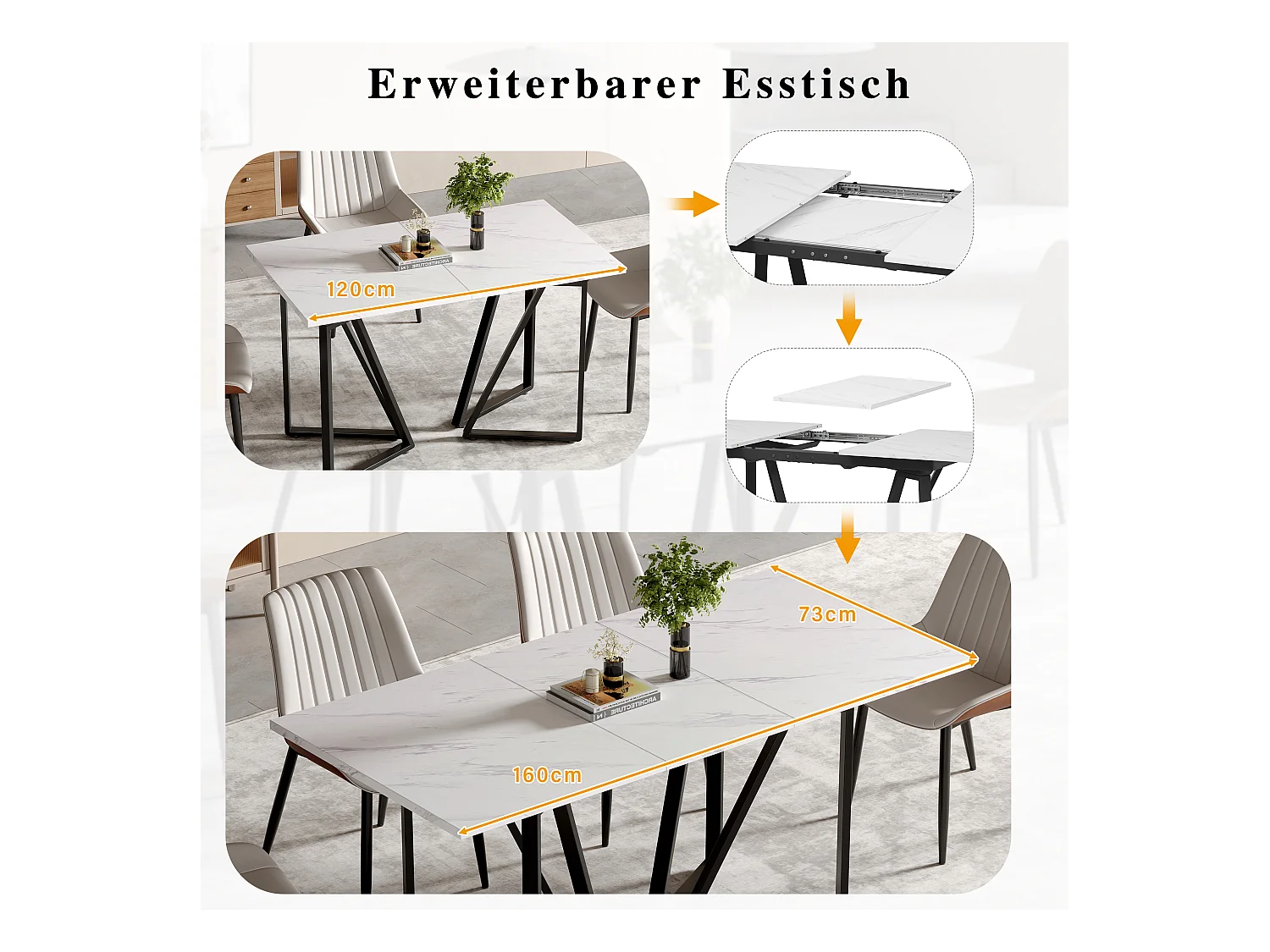 Table à manger avec motif marbre, extensible, pieds métalliques avec repose-pieds réglables, idéale pour salle à manger et cuisine (160x73x74 cm)