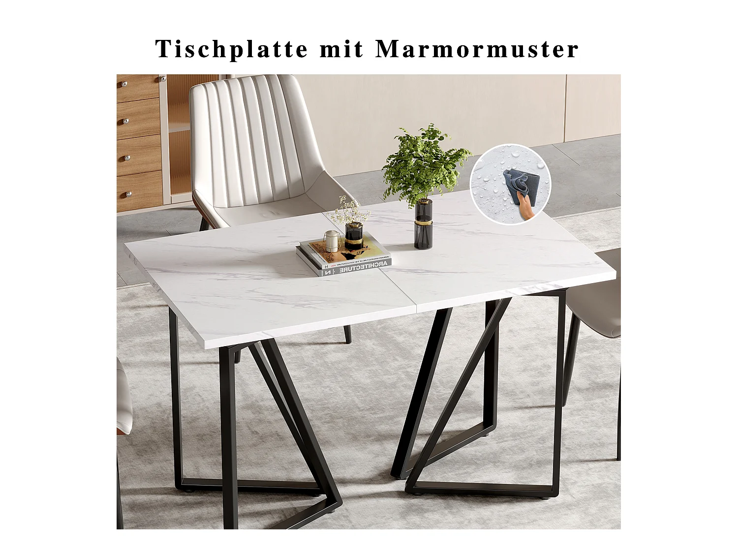 Table à manger avec motif marbre, extensible, pieds métalliques avec repose-pieds réglables, idéale pour salle à manger et cuisine (160x73x74 cm)