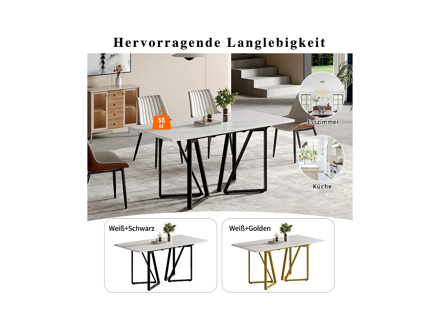 Table à manger avec motif marbre, extensible, pieds métalliques avec repose-pieds réglables, idéale pour salle à manger et cuisine (160x73x74 cm)