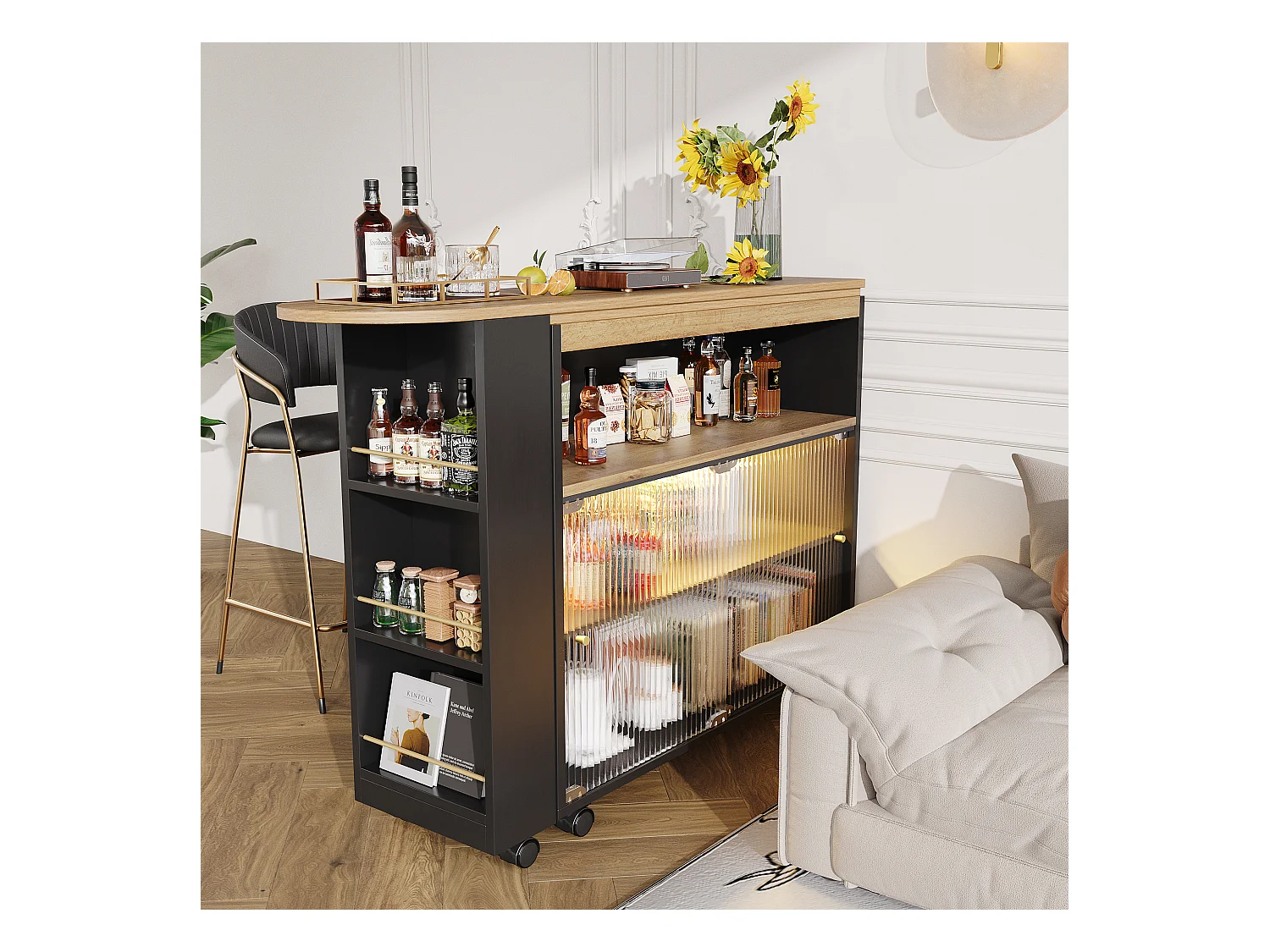 Uitschuifbare bartafel met opbergruimte, modern design, MDF, zwart, met led-verlichting en wielen (138-204x39x105 cm)