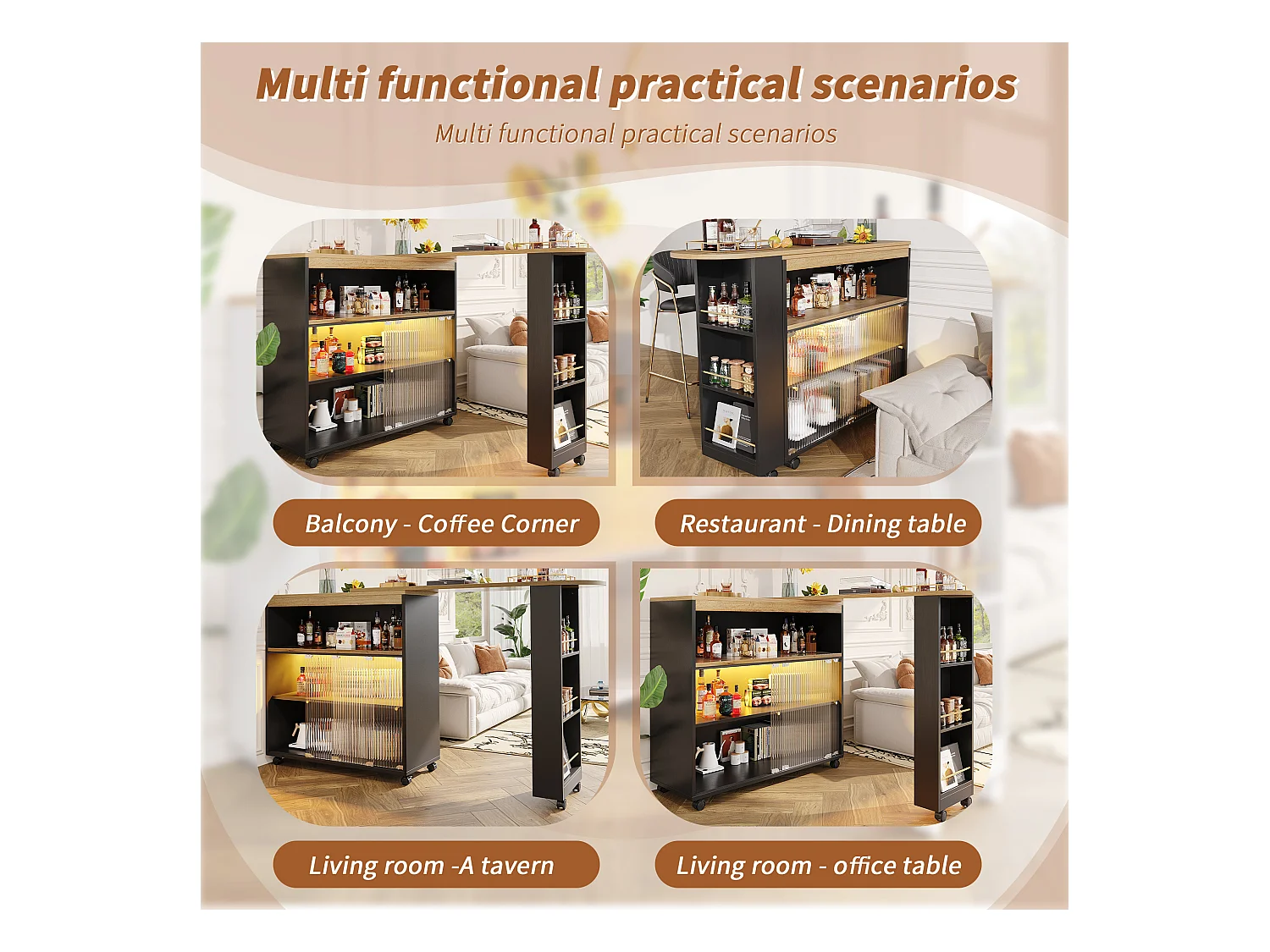 Uitschuifbare bartafel met opbergruimte, modern design, MDF, zwart, met led-verlichting en wielen (138-204x39x105 cm)