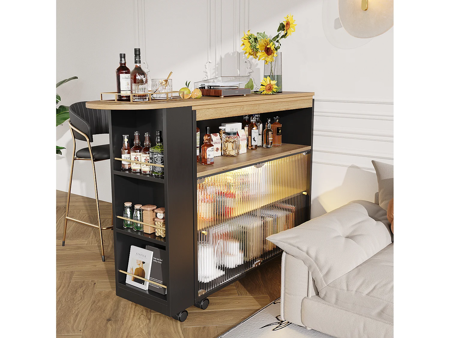 Mesa de bar extensible con espacio de almacenamiento, diseño moderno, MDF, color negro, con LED y ruedas (138-204 x 39 x 105 cm)