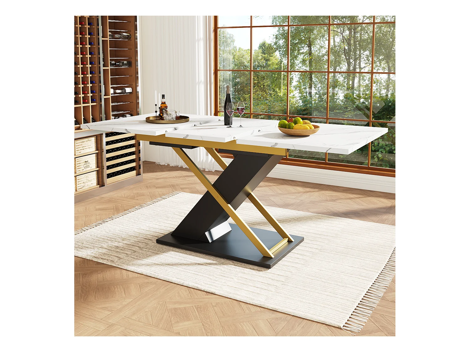 Table extensible (120-160×80 cm), table à manger avec rallonge, MDF, pieds croisés dorés, gris (120-160x80x75.4 cm)