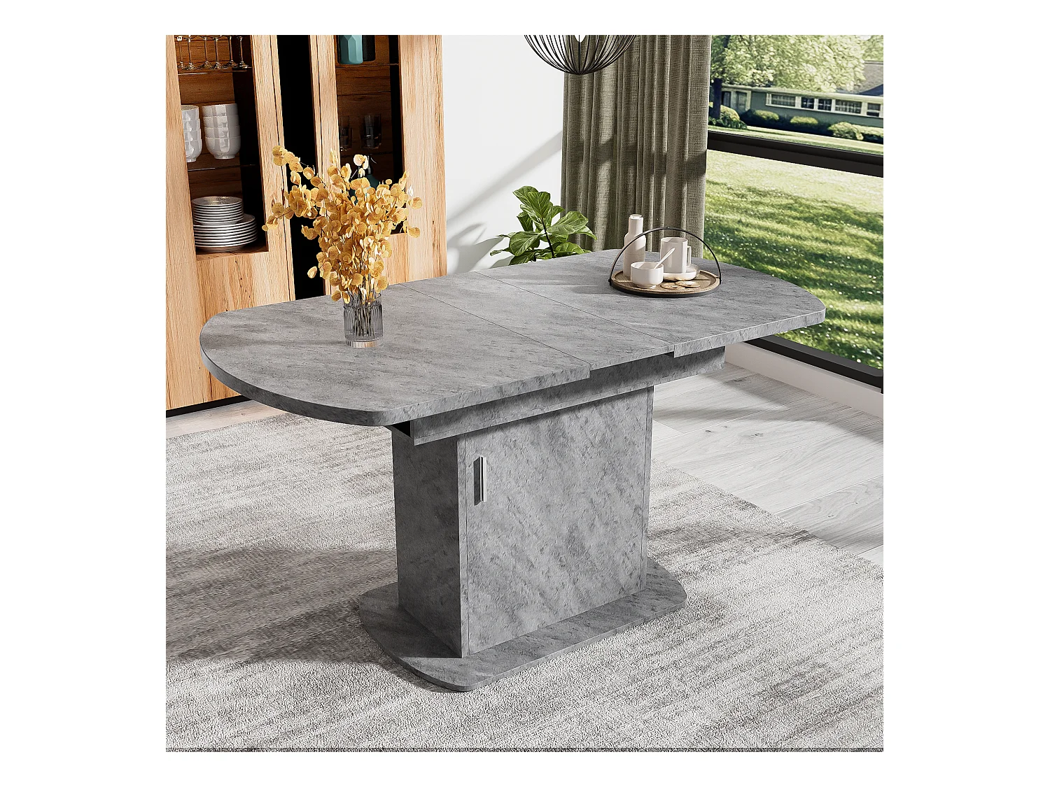 Table à manger extensible ovale avec rangement, design moderne, aspect béton, avec poignée argentée (110/130x70x75 cm)