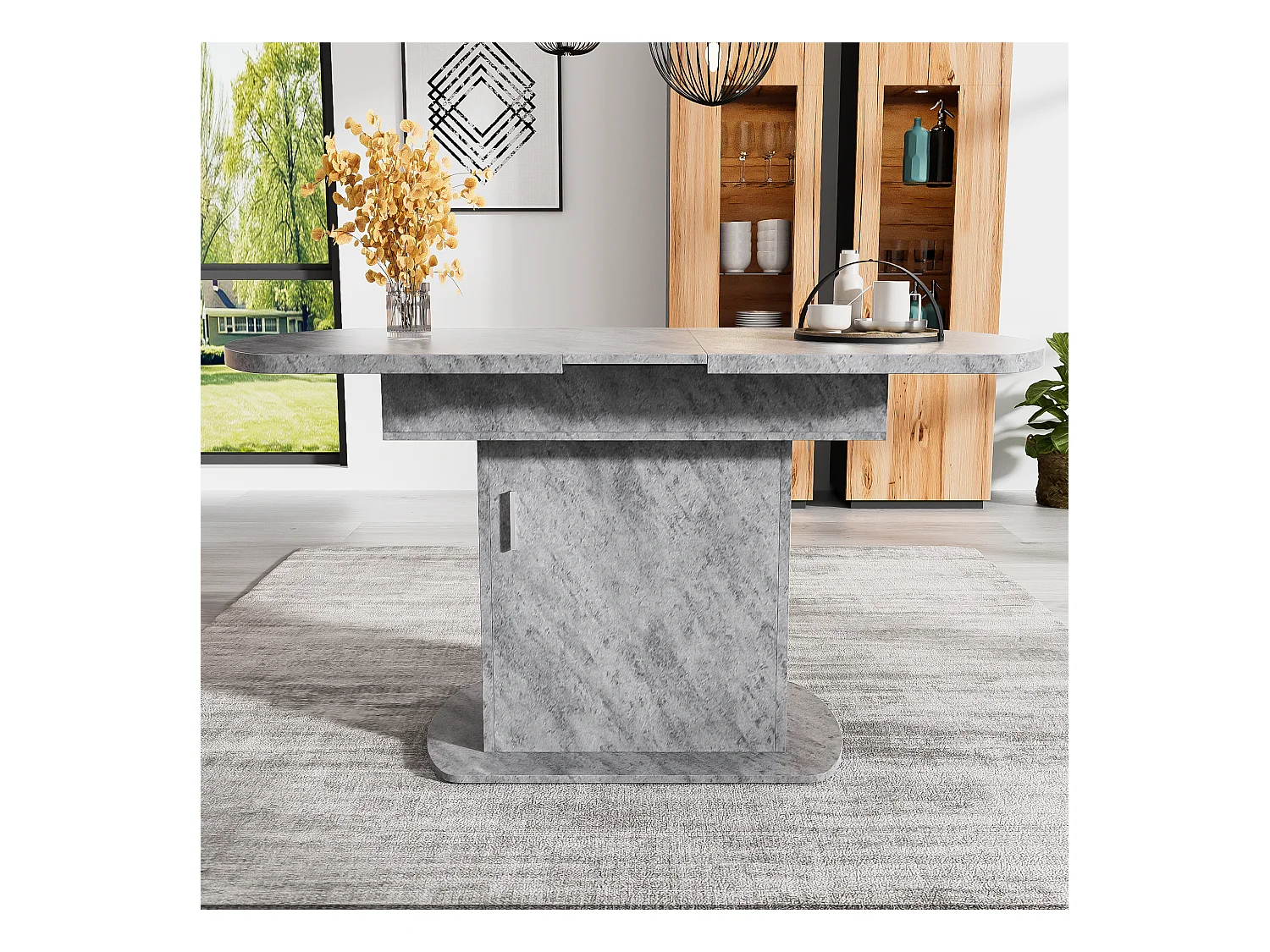 Table à manger extensible ovale avec rangement, design moderne, aspect béton, avec poignée argentée (110/130x70x75 cm)