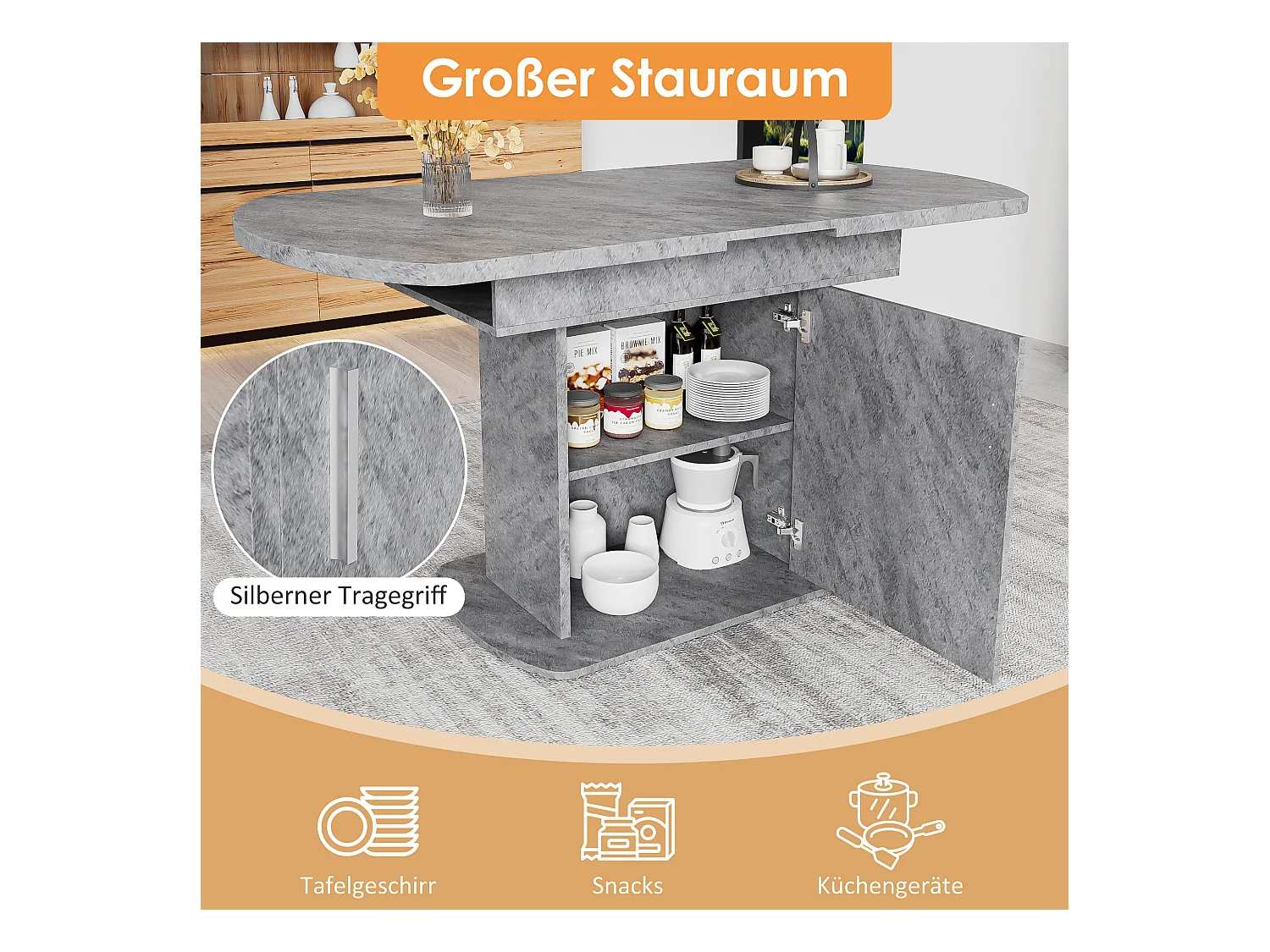 Table à manger extensible ovale avec rangement, design moderne, aspect béton, avec poignée argentée (110/130x70x75 cm)