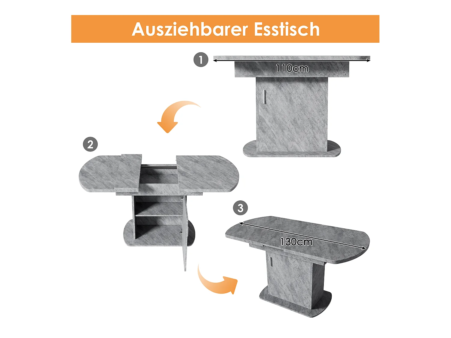 Table à manger extensible ovale avec rangement, design moderne, aspect béton, avec poignée argentée (110/130x70x75 cm)