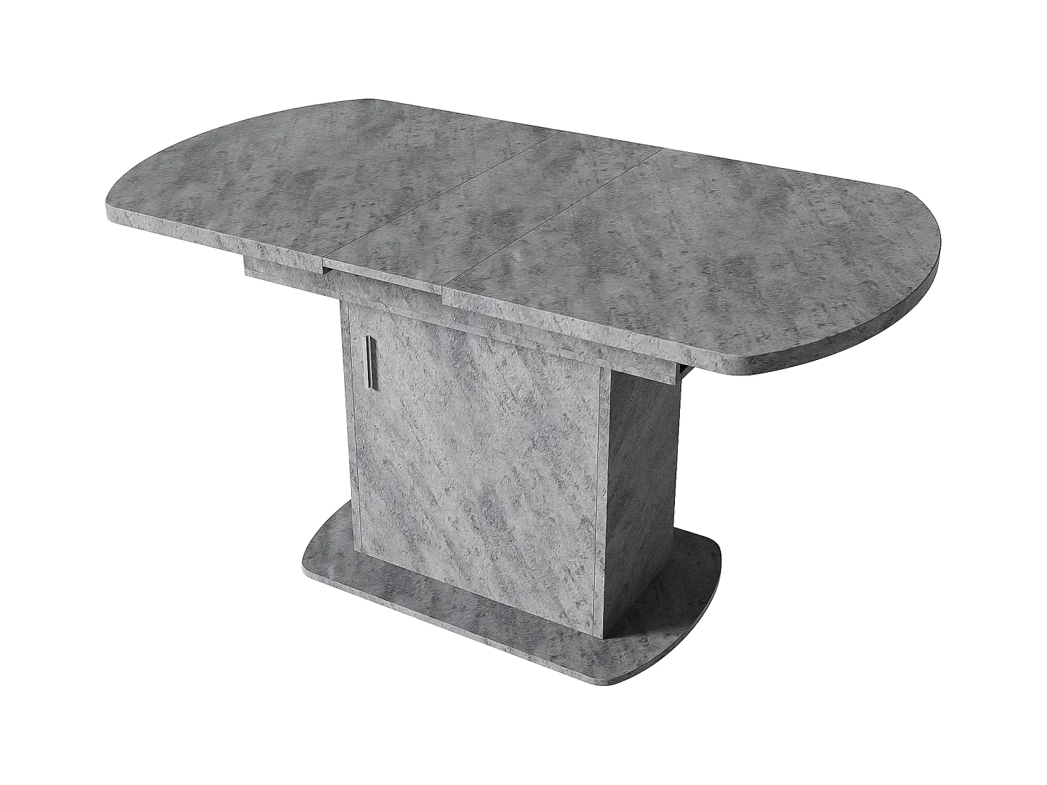 Table à manger extensible ovale avec rangement, design moderne, aspect béton, avec poignée argentée (110/130x70x75 cm)