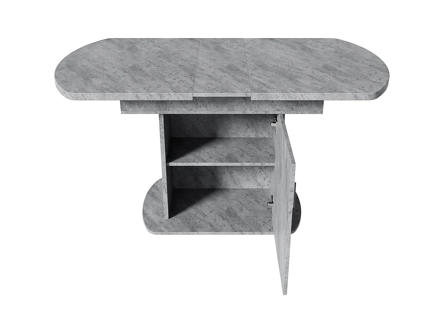 Table à manger extensible ovale avec rangement, design moderne, aspect béton, avec poignée argentée (110/130x70x75 cm)