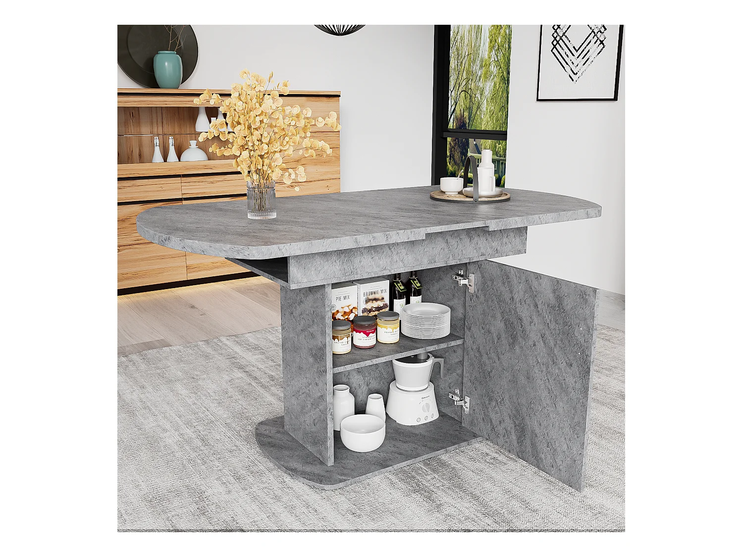 Table à manger extensible ovale avec rangement, design moderne, aspect béton, avec poignée argentée (110/130x70x75 cm)
