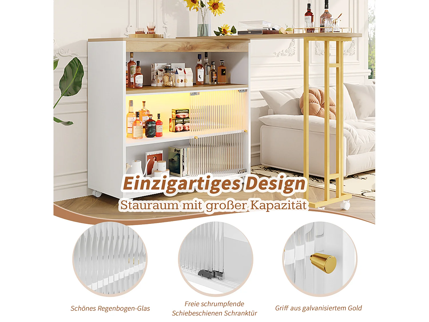 Table de bar extensible avec rangement, design moderne, MDF et métal, LED intégrée, blanche et dorée (138-204x39x105 cm)