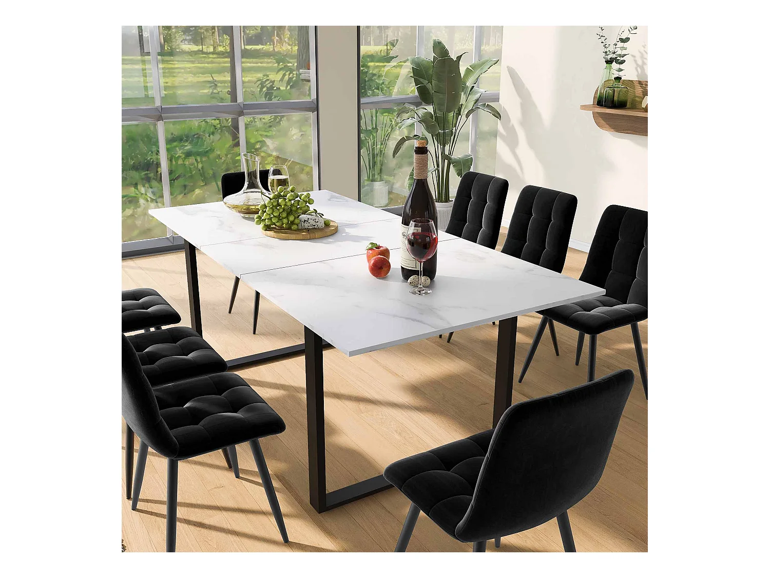 Table à manger télescopique 140/180x80x75 cm, plateau MDF blanc avec motifs marbre, pieds en métal noir (140/180x80x75 cm)