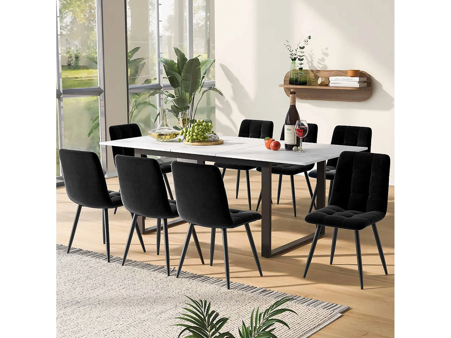 Table à manger télescopique 140/180x80x75 cm, plateau MDF blanc avec motifs marbre, pieds en métal noir (140/180x80x75 cm)