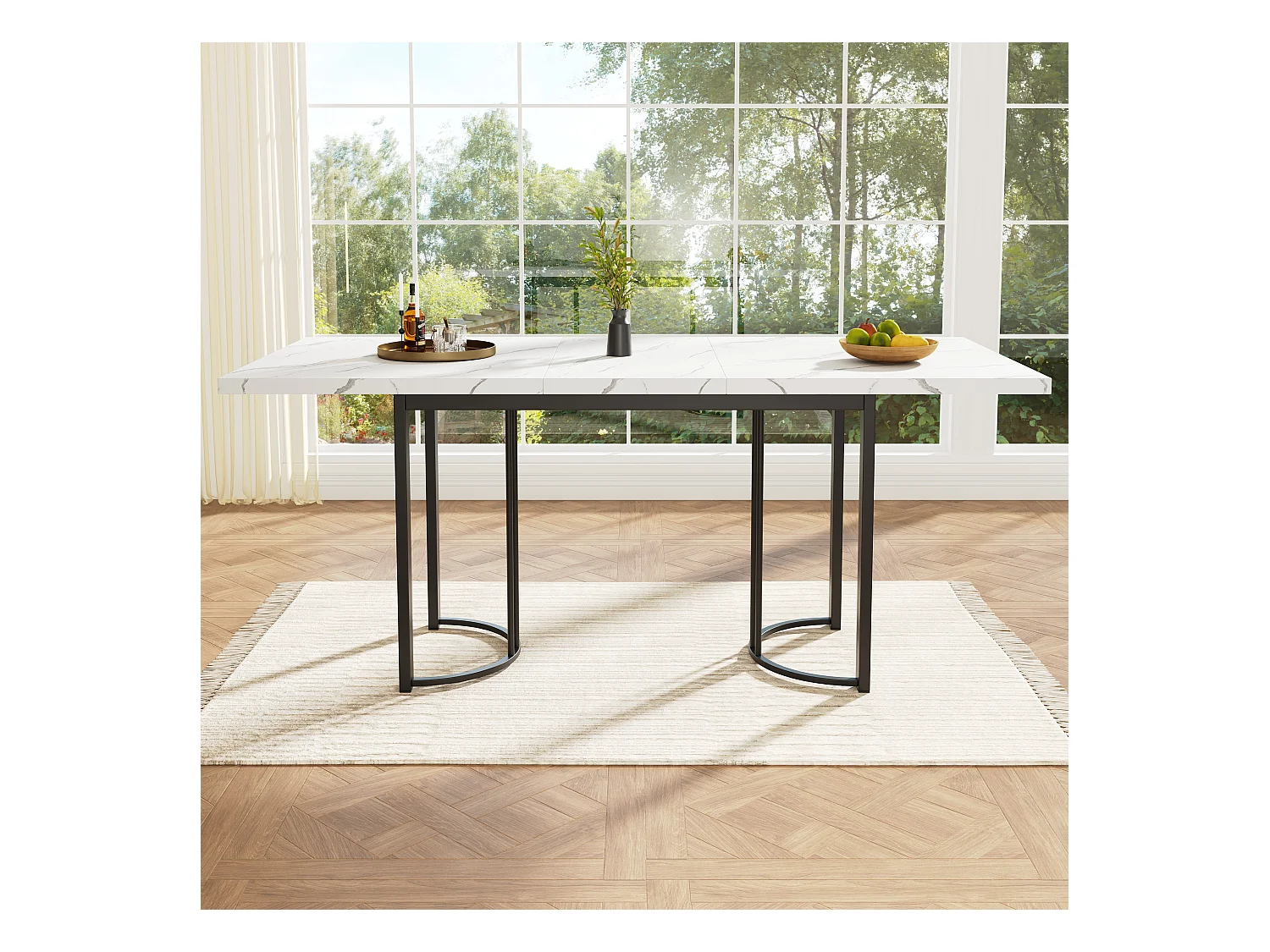 Table à manger extensible (140-179.5x80cm), design moderne avec pieds croisés en métal, MDF, blanc/noir