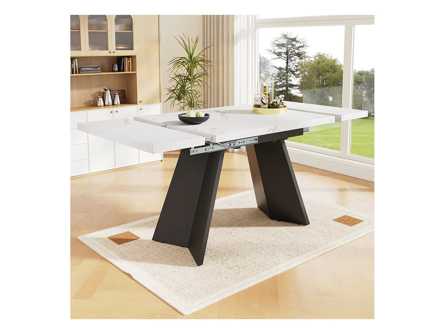 Table à manger extensible (99-159x74cm), table de cuisine avec fonction téléscopique, MDF, pieds en métal, blanc/noir (99-159x74x77 cm)